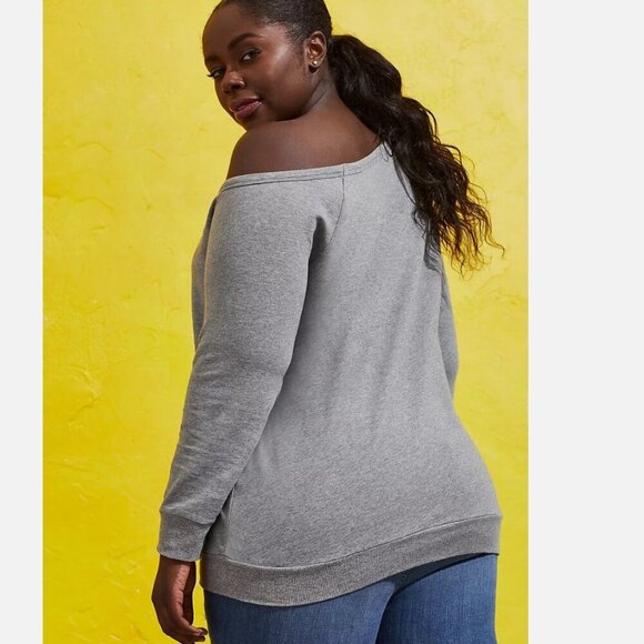 Torrid Celebrate Love Off-Shoulder Sweatshirt - Rainbow Skull Grey - Picture 8 of 9